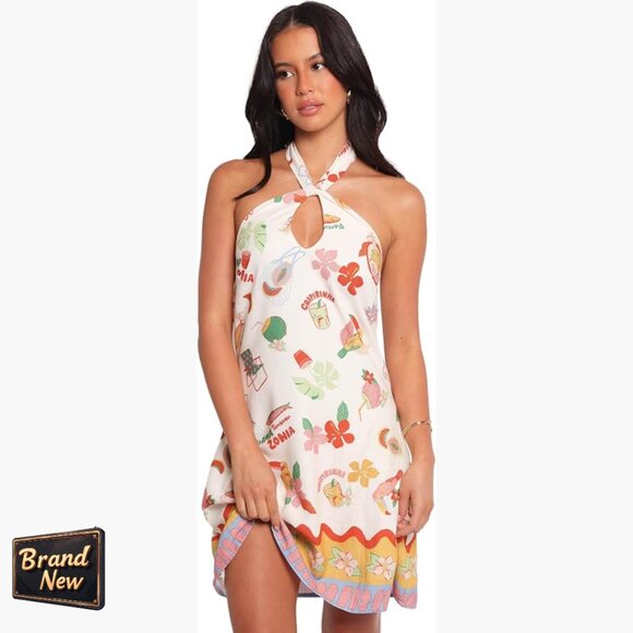Mini Dress Halter Backless Linen Rayon Summer Cocktail Beach